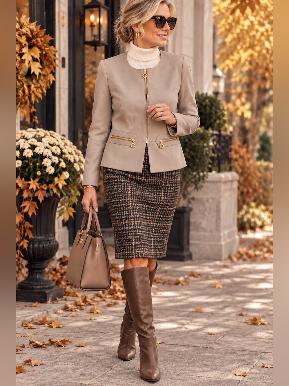 Calvin Klein Taupe Zip-Front Peplum Blazer with Gold Hardware